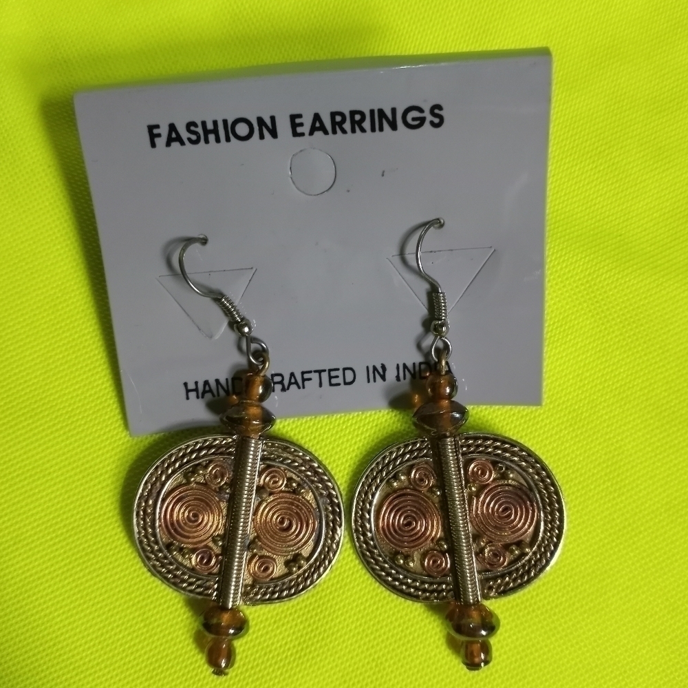Goldtone brass copper brown beads Dangle wire earrings India made